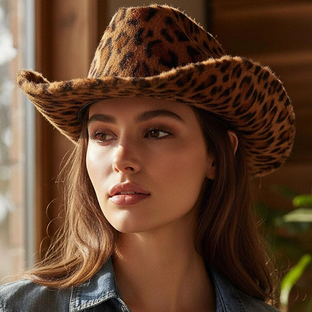 Brown Leopard Print Pattern Fuzzy Cowgirl Cowboy Brim Fur Fedora Western Hat